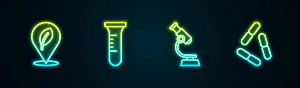 Set line Location with leaf, Test tube and flask, Microscope and Virus. Glowing Stockillustratie