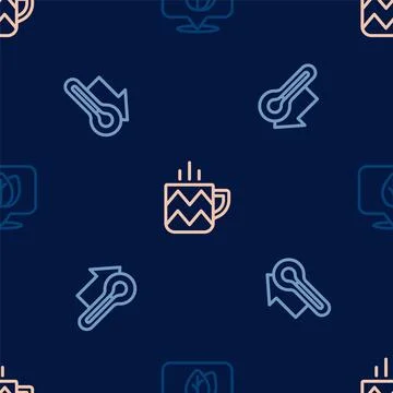 Set line Location with leaf, Thermometer and Cup of tea on seamless pattern Illustrazione stock