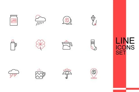 Set line Location with leaf, Umbrella and rain drops, Cup of tea, Cloud lig.. Stockillustratie