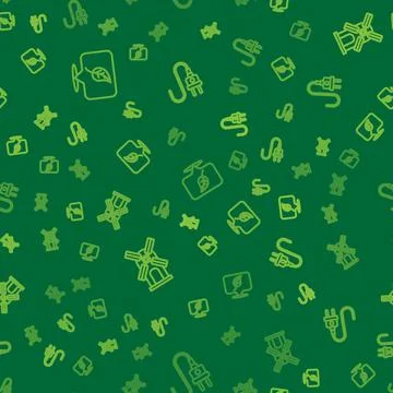 Set line Location with leaf, Wind turbine and Electric plug on seamless pattern Stock Illustration