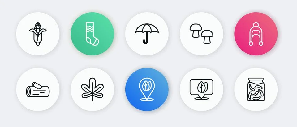 Set line Location with leaf, Winter hat, Wooden log, Mushroom, Umbrella, Pi.. Stock Illustration