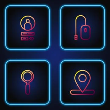 Set line Location, Magnifying glass, Create account screen and Computer mouse Illustrazione stock