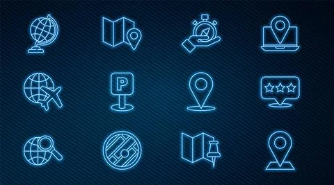 Set line Location, Map pointer with star, Compass, Parking, Globe flying plane Stock Illustration