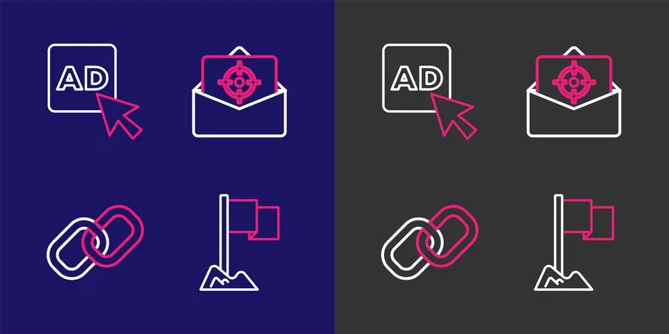 Set line Location marker, Chain link, Mail and e-mail and Advertising icon... Stock Illustration