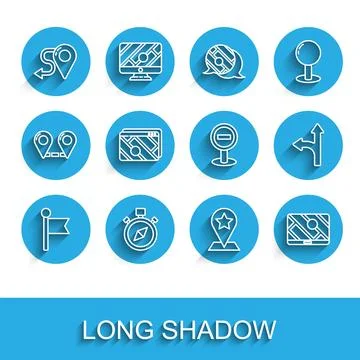 Set line Location marker, Compass, Route location, Map pointer with star, City Stock Illustration