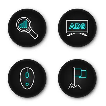 Set line Location marker, Computer mouse, Advertising and Magnifying glass .. 库存插图