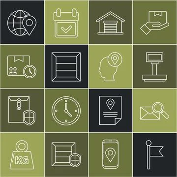 Set line Location marker, Envelope with magnifying glass, Scale, Warehouse 스톡 일러스트