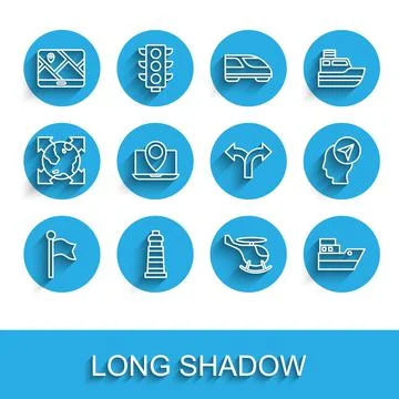 Set line Location marker, Lighthouse, City map navigation, Helicopter, Ship line Stock Illustration