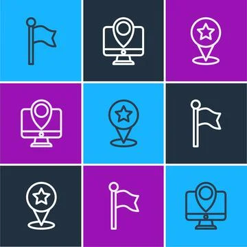 Set line Location marker, Map pointer with star and Monitor location icon Illustrazione stock