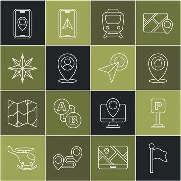 Set line Location marker, Parking, with house, Train, person, Wind rose, City Illustrazione stock
