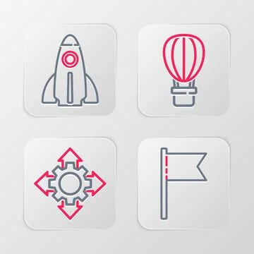 Set line Location marker, Project team base, Hot air balloon and Startup project Stock Illustration