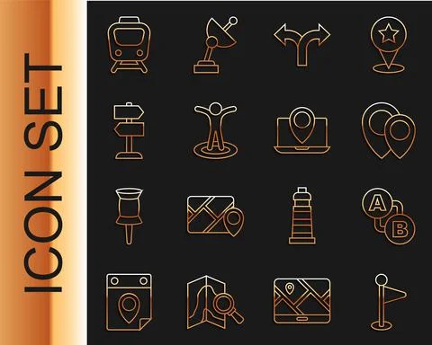 Set line Location marker, Route location, Road traffic sign, with person, Train Illustrazione stock
