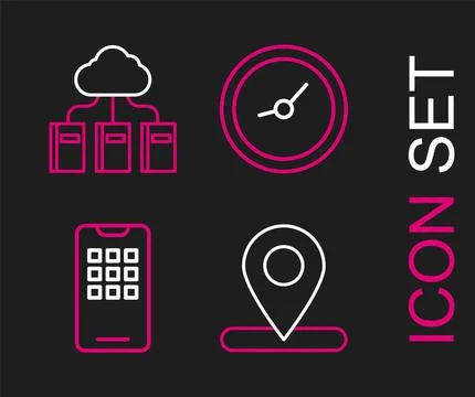Set line Location, Mobile phone, Clock and Cloud or online library icon. Vect Stock Illustration