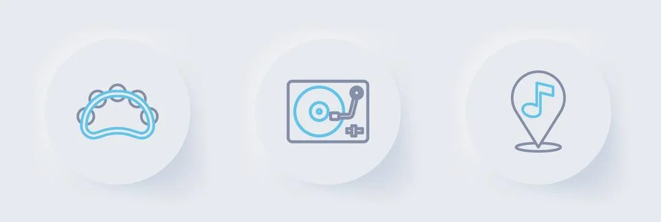 Set line Location musical note, Vinyl player with vinyl disk and Tambourine.. Stock Illustration