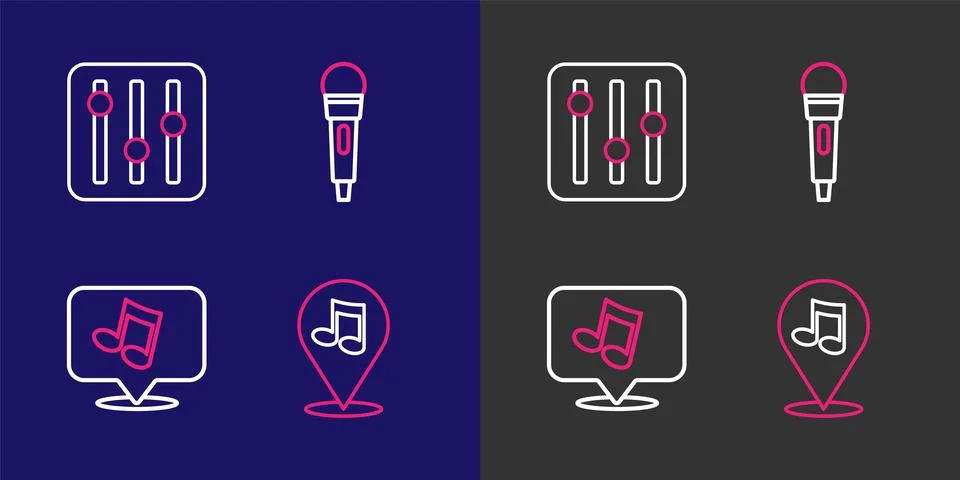 Set line Location musical note, Music note, tone, Microphone and Sound mixe.. Stock Illustration