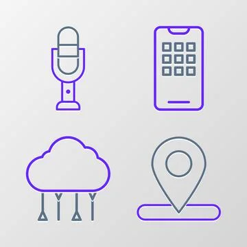 Set line Location, Network cloud connection, Mobile phone and Microphone icon Stockillustratie