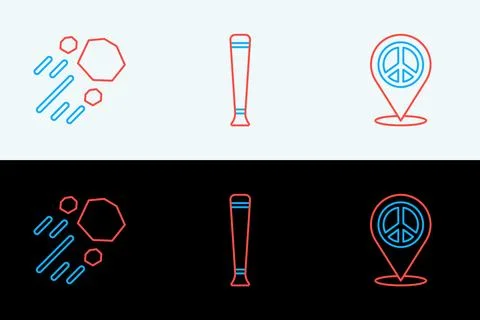 Set line Location peace, Flying stone and Police rubber baton icon. Vector Stock Illustration