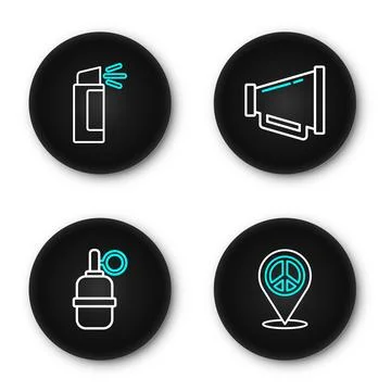 Set line Location peace, Hand grenade, Megaphone and Pepper spray icon. Vecto Stock Illustration