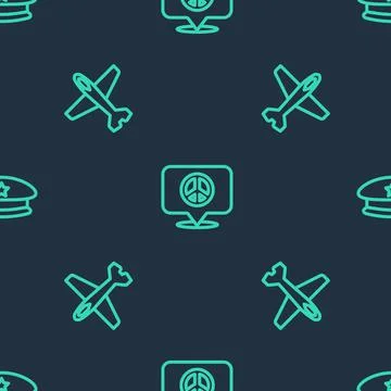 Set line Location peace, Plane and Military beret on seamless pattern. Vector Stock Illustration