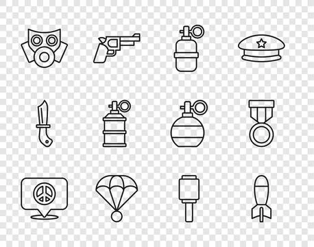 Set line Location peace, Rocket launcher, Hand grenade, Parachute, Gas mask.. Illustrazione stock