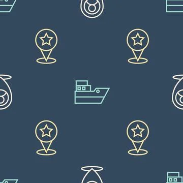 Set line Location with person, Map pointer star and Ship line path on seaml.. Stock Illustration