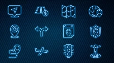 Set line Location with person, shield, Folded map, Road traffic sign, cross Stock Illustration