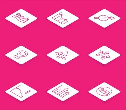 Set line Location, Pie chart infographic, Arrow, Many ways directional arrow Stock Illustration