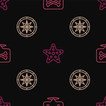 Set line Location pirate, Compass and Starfish on seamless pattern. Vector Illustrazione stock