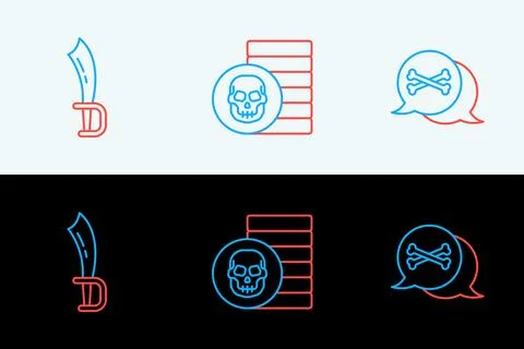 Set line Location pirate, Pirate sword and coin icon. Vector Stock Illustration