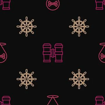 Set line Location pirate, Ship steering wheel and Binoculars on seamless pattern 스톡 일러스트