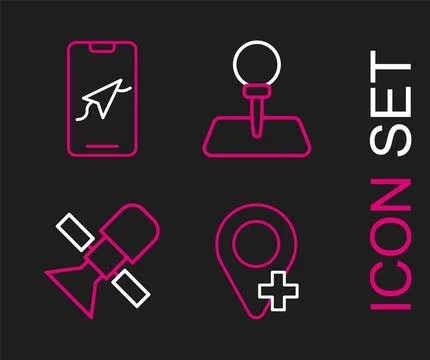 Set line Location, Satellite, Push pin and City map navigation icon. Vector Stock Illustration