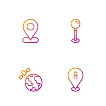 Set line Location, Satellites orbiting the planet, and Push pin. Gradient color Ilustração Stock