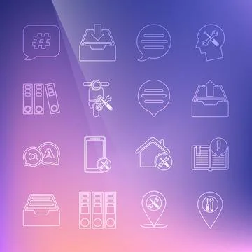 Set line Location service, Interesting facts, Upload inbox, Speech bubble chat Stock Illustration