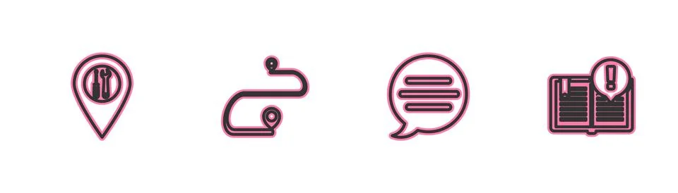 Set line Location service, Speech bubble chat, Route location and Interesting Stock Illustration