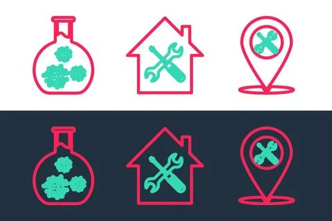 Set line Location service, Test tube with virus and House icon. Vector Illustrazione stock