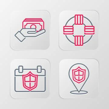 Set line Location shield, Calendar with, Lifebuoy and Stacks paper money ca.. Stock Illustration