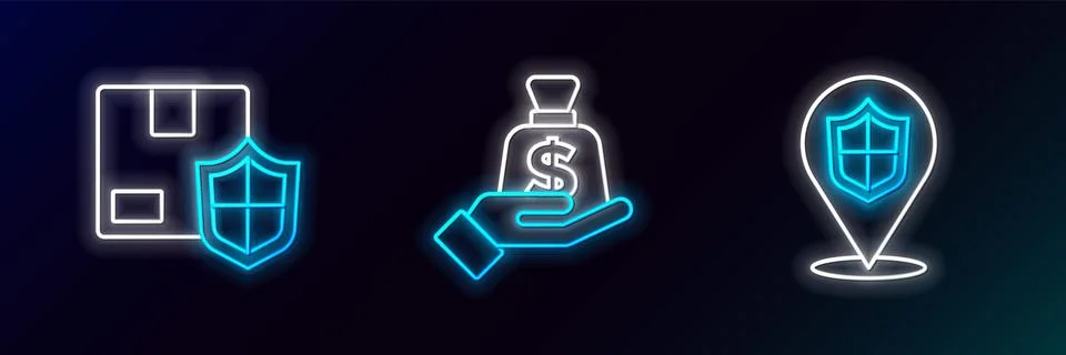 Set line Location shield, Delivery security with and Money in hand icon. Gl.. Stock Illustration
