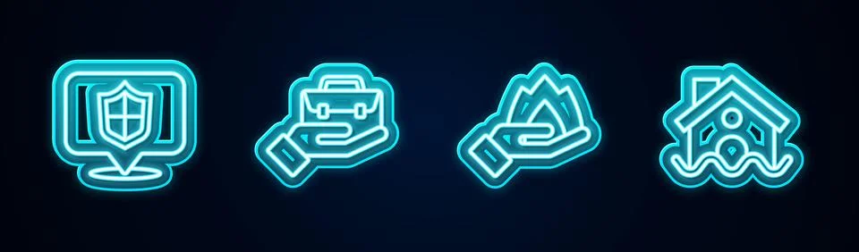 Set line Location shield, Hand holding briefcase, fire and House flood. Glo.. Stock Illustration