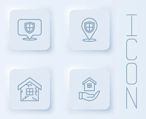 Set line Location shield, House and in hand. White square button. Vector Stock Illustration