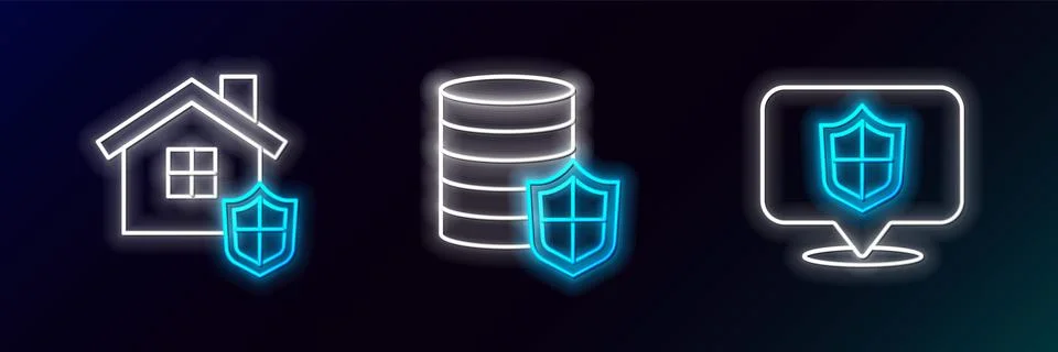 Set line Location shield, House with and Money icon. Glowing neon. Vector Illustrazione stock