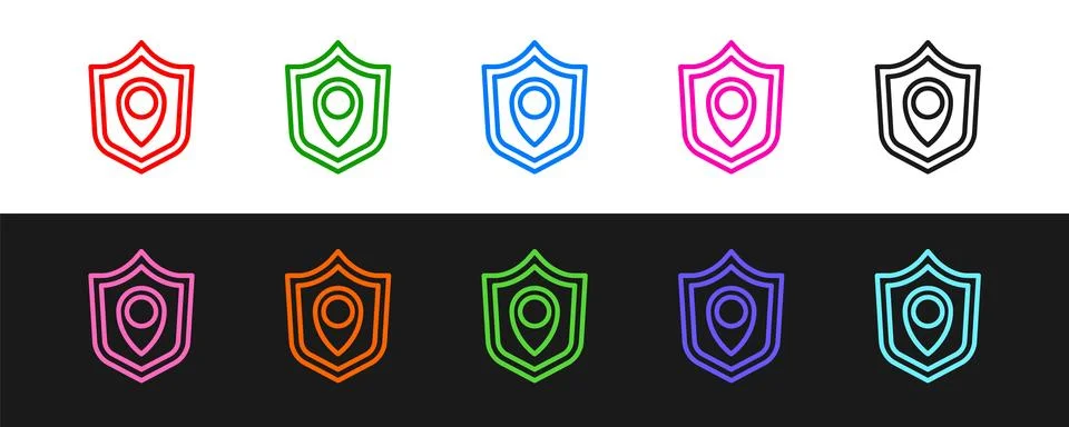 Set line Location shield icon isolated on black and white background. Insurance Stock Illustration