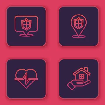Set line Location shield, Life insurance, and House hand. Blue square button Stock Illustration