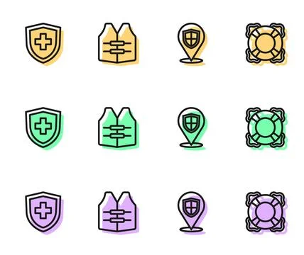 Set line Location shield, Life insurance with, jacket and Lifebuoy icon. Vector Illustrazione stock