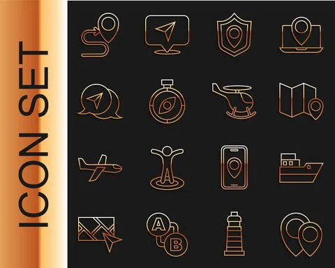 Set line Location, Ship line path, Folded map with location marker, shield Stock Illustration