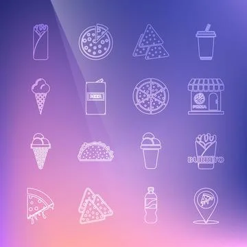 Set line Location with slice pizza, Burrito, Pizzeria building facade, Nachos Illustrazione stock
