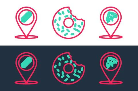 Set line Location with slice pizza, hotdog and Donut icon. Vector Stock Illustration