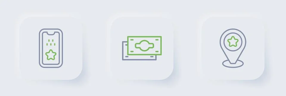 Set line Location with star, Stacks paper money cash and Taxi mobile app ic.. Stock Illustration