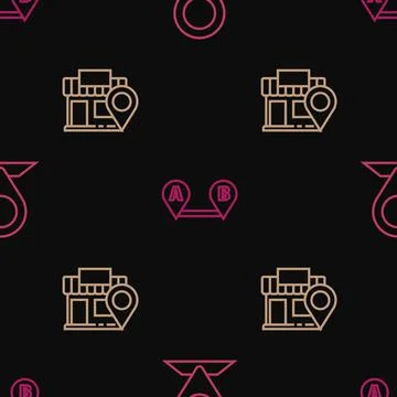 Set line Location, with store and Route location on seamless pattern. Vector Illustrazione stock