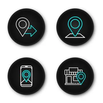 Set line Location with store, City map navigation,  and  icon. Vector Illustrazione stock