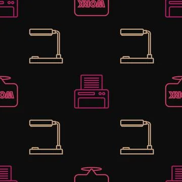 Set line Location with text work, Table lamp and Printer on seamless pattern Stock Illustration